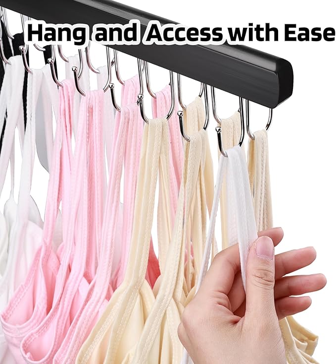 NECAMOCU 2 Pack Bra Hanger for Closet Organizer, Premium Wooden Tank Top Hangers with 36 Foldable Hooks, 360° Rotating Design, Space Saving Storage for Tank Tops, Bras, Scarves and More, Black