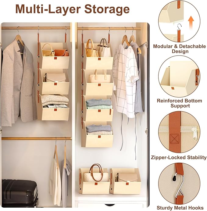 MSJGA 4-Tier Hanging Closet Organizer and Storage with Detachable Bins, Fabric Hanging Shelves for Closet, Dorm, Rv, Space-Saving Collapsible Basket for Handbags, Clothes (47” H)