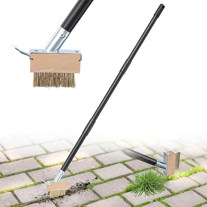 DEROFIT Crack Weeder Moss Remover Brush with 45 inch Handle,Manual Crevice Weeding Tool Stand Weed Puller Grout Brush for Deck,Patio,Sidewalk, Walkway,Driveway, Paving,Crevice Cleaning Tool