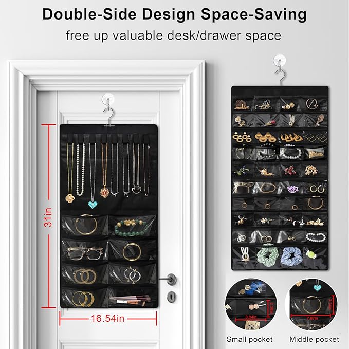 Hanging Jewelry Organizer for Closet, Double-Sided 48 Pockets & 8 Necklaces Holder Jewelry Hanging Organizer to Store Earrings, Necklaces, Bracelets, Rings