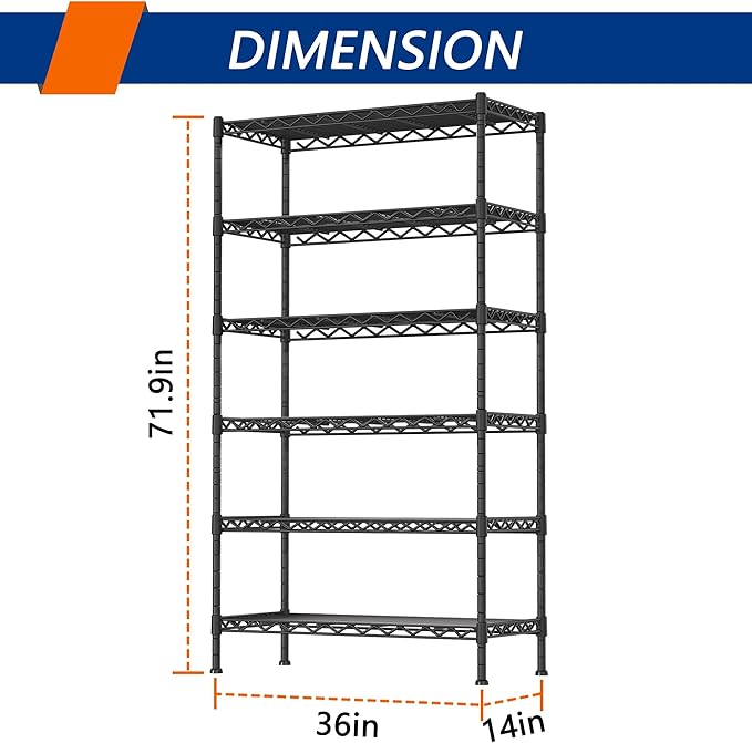 Soywey 6-Shelf Adjustable Heavy Duty Storage Shelving Unit, Metal Organizer Wire Rack for Laundry Bathroom Kitchen Pantry Closet No Wheels, Black