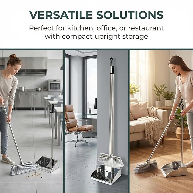 Metal Dustpan with Soft Bristles Broom Heavy Duty Stainless Steel Upright Standing Dust Pan and Broom for Sweeping Indoor Outdoor Home Kitchen Office Lobby Hardwood Floor Cleaning
