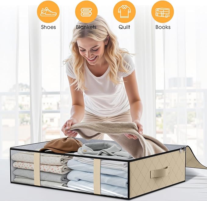 StorageRight Under Bed Storage Bags 4 Pack, 40L Large Clothes & Comforter Storage Containers with Clear Window, Breathable Fabric Organizer for Blankets, Bedding, Seasonal Clothing, Beige