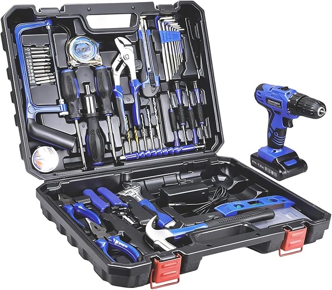 Schneider 21V Tool Set with Drill, 350 in-lb Torque, 0-1350RMP Variable Speed, 10MM 3/8'' Keyless Chuck, 18+1 Clutch, 1.5Ah Li-Ion Battery & Charger for Home Tool Kit