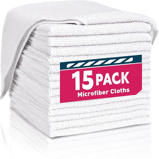 White Microfiber Towels- 15 Pack, Microfiber Cleaning Cloths Bulk, Microfiber Towels for Cars, Cleaning Rags (12x12 inches)