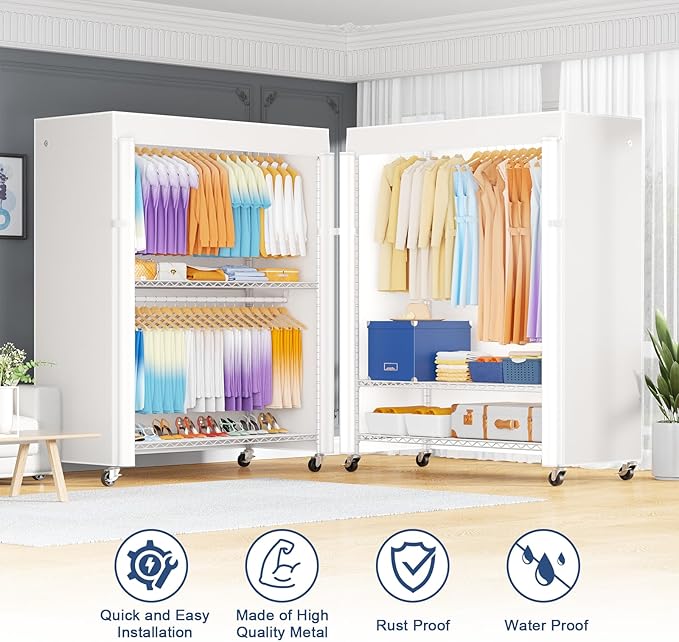 ULIFHOME P8C Max Heavy Duty Clothes Rack（With Extended Width Design） Rolling Clothing Racks for Hanging Clothes with Lockable Wheels，51.2"W x 15.8"D x 80.5"H，Load 700LBS，White Rack with White Cover