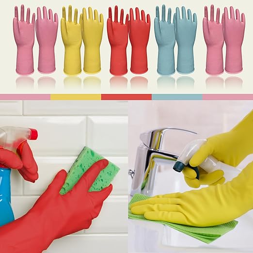 Rubber Cleaning Gloves 5 Pairs Kitchen Dishwashing Gloves Reusable for Household Washing Dishes Cleaning Gardening, Non-Slip Water Resistant Dish Gloves for Women Men Medium