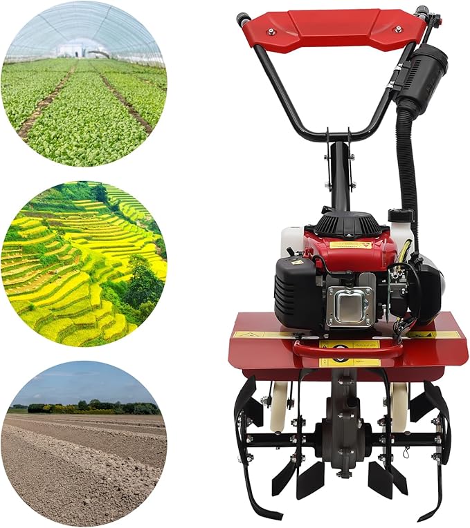 63CC Gas Powered Tiller, 4 Stroke Gas Powered Rototiller, 13.7 Inch Tilling Width, for Garden, Lawn, Greenhouses,Soil Cultivation and Orchards ﻿