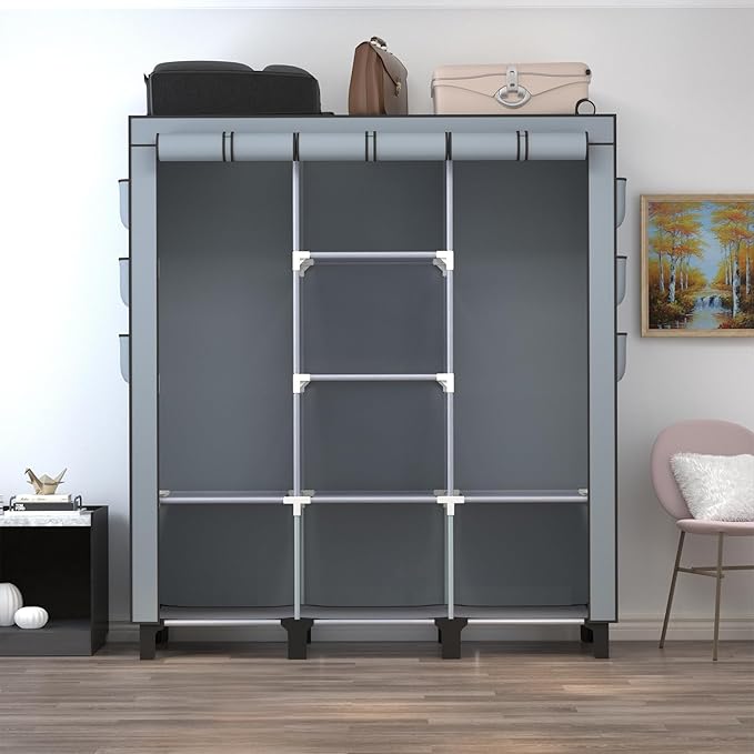 Portable Wardrobe with 10 Storage Racks and 2 Hanging Poles, 6 Side Pockets Non-Woven Cover, Size 130 x 45 x 172 cm, Bedroom Closet Organizer (Gray)