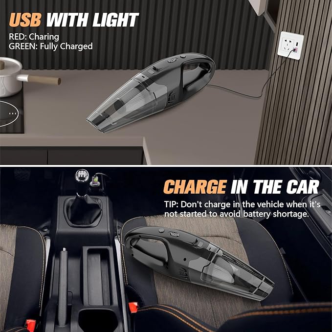BSRCO Hand Vacuum Powerful Suction, Hand held Vacuum Cordless Rechargeable with LED