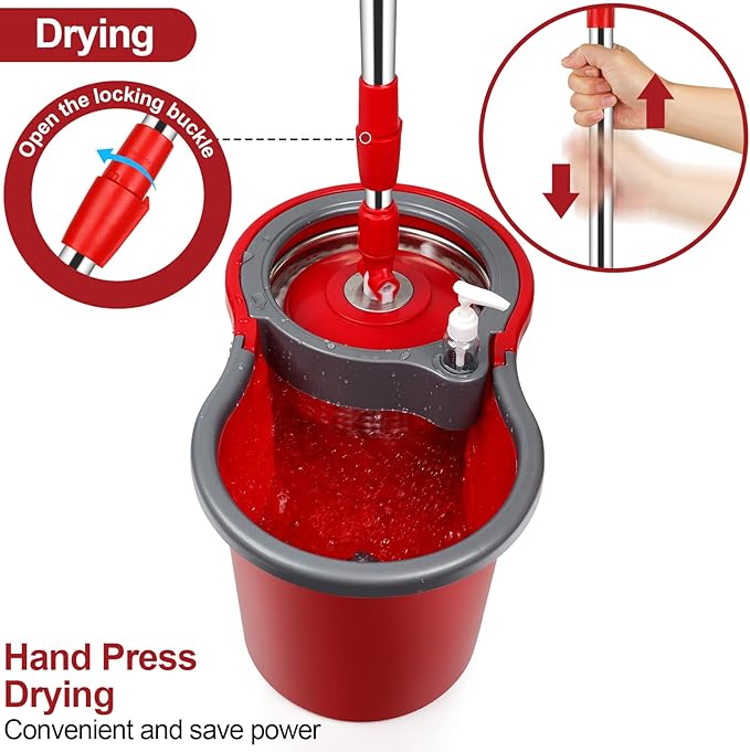 Spin Mop and Bucket with Wringer Set, 360° Spinning Mop Bucket System with 3 Microfiber Mop Replacement Heads, Adjustable Handle for Floor Cleaning (red)