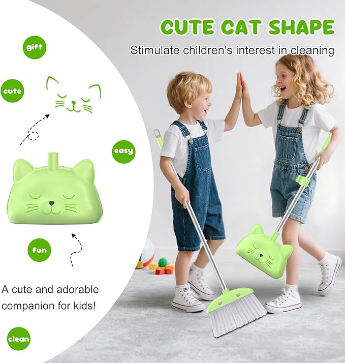 Mini Broom with Dustpan for Kids, 28-in Handle Kids Broom and Dustpan Set for Toddlers Cat-Shaped Children Broom and Cleaning Set Boys Girls Small Housekeeping Helper Set, Green