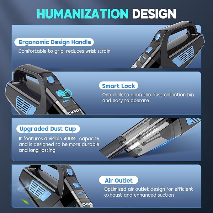 CKIKH Handheld Vacuum Cordless, 15000PA Strong Suction Hand Held Car Vacuum Cleaner Portable with Multi-Nozzles & Washable Filter, Lightweight Dust Busters Rechargeable for Home, Car, Office, Pets