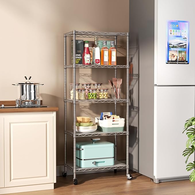 SINGAYE 5 Shelf Storage Wire Shelves Closet Bathroom Organizers Metal Pantry Kitchen Garage Shelving Unit Laundry Room Organization Home Narrow Rack Net Basket with Wheels Silver