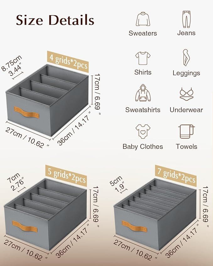 Homsorout Clothes Organizers and Storage - 4/5/7 Grids Fabric Jeans Organizer with Handles, Foldable Closet Organizers Dividers, Wardrobe organizer for Pant, Sweater, T-shirt, Scarf, 6 Pack, Pale Grey