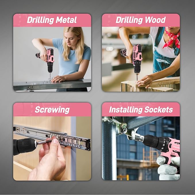 COMOWARE Pink Household Tool Set with 12V Cordless Drill Driver, Hand Tool Kit for Women, Power Drill Set with Plastic Toolbox, Ideal for Office, Garden, DIY Project