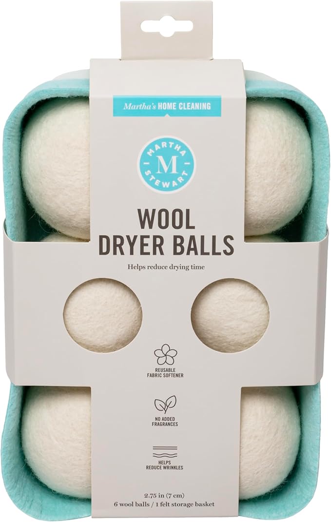 Martha Stewart Wool Dryer Balls – 6-Pack, Natural Fabric Softener with Storage Basket, Reduces Drying Time & Static, Reusable & Eco-Friendly Laundry Solution
