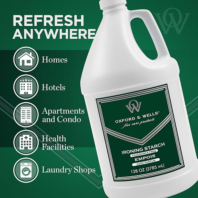 Oxford & Wells Premium Wrinkle Releaser Spray Starch - Ironing Spray, Fragrance-Free, Non-Aerosol Fabric Care - Non-Flaking, Non-Streaking, Gentle on Fabrics - Wrinkle Spray for Clothes - 128 Ounce