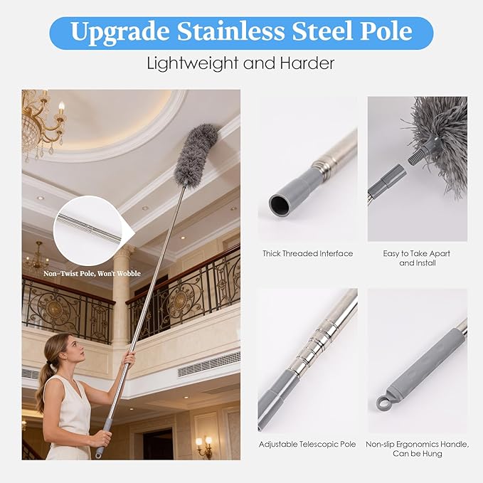 Microfiber Feather Duster Kit with Extension Pole, 7 PCS Washable Reusable Duster for Cleaning, 100'' Bendable Extendable Long Duster with Stainless Steel Pole for High Ceilings, Fans, Furniture & Car