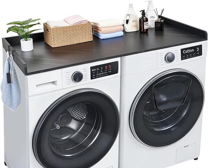 VEVOR Washer Dryer Countertop with 3 Splicing Panels, 54" x 27" Wooden Washer and Dryer Countertop with 2 Hooks, Water-Resistant Laundry Topper for Laundry Room Organization and Storage, Black Marble