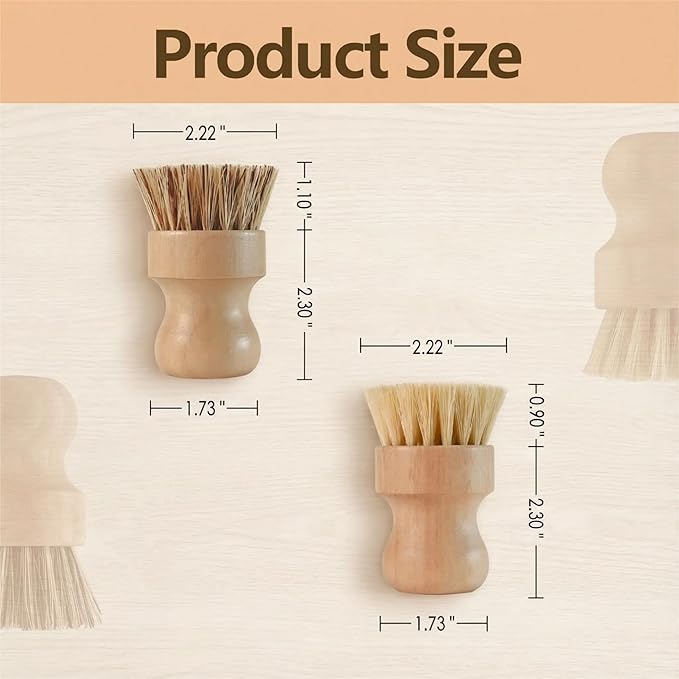 Wooden Dish Scrub Brush - Natural Fiber Kitchen Dish Scrubber Set, for Cleaning Pots, Sink, Tableware and Vegetables - 3 Pack