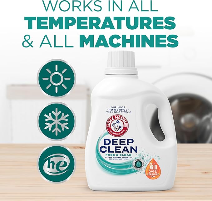 ARM & HAMMER Deep Clean Free & Clear Liquid Laundry Detergent, Free of Dyes, Perfumes and Phosphates, Suitable for Sensitive Skin, Dermatologist Tested, 75 Fl Oz, 50 Loads