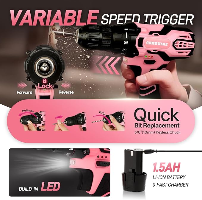COMOWARE 12V Cordless Drill Set, Pink Hand Tool Set with Cordless Drill Driver, Complete Repair Tool Kit for Women, Storage Bag, Ideal for Office, Garden, Dorm and DIY Project