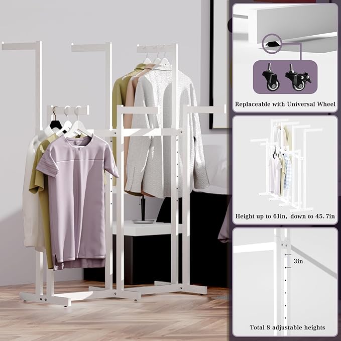 Clothing Racks - Retail - Display - Metal Garment Racks Heavy Duty for Hanging Clothes, Rolling White Commercial Clothing Display Rack Stand with Wheels (6 Arm,White)