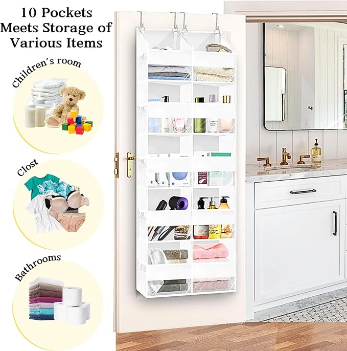 Over The Door Organizer 5 Tiers, Extra Large Behind Door Storage of 10 Compartments, 80 lbs Weight Capacity Hanging Storage Organizer with Clear Window Kids Toys, Shoes,Diapers, Room Storage, White