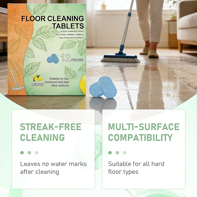 Floor Cleaner Tablets Hard Floor Cleaner Tablets, Deep Cleans for Multiple Hard Floors for Tile, Vinyl, Hardwood, Fresh Lemon Scent, Compatible with Robot Mops & Wet/Dry Vacuums(2PCS)