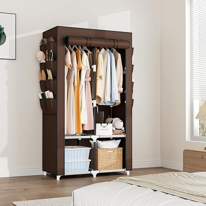 Portable Closet for Hanging Clothes, Portable Wardrobe Closet with Cover, 4 Storage Shelves, 2 Hanging Rods and 8 Side Pockets Easy Assembly and Sturdy Free Standing Closet for Bedroom Brown