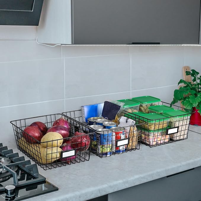 8 Set, Extra Large Wire Baskets for Organizing with Lables, Cabinet Pantry Organization and Storage Bins - Metal Basket for Kitchen, Laundry, Garage, Fridge, Bathroom Countertop Organizer, Black