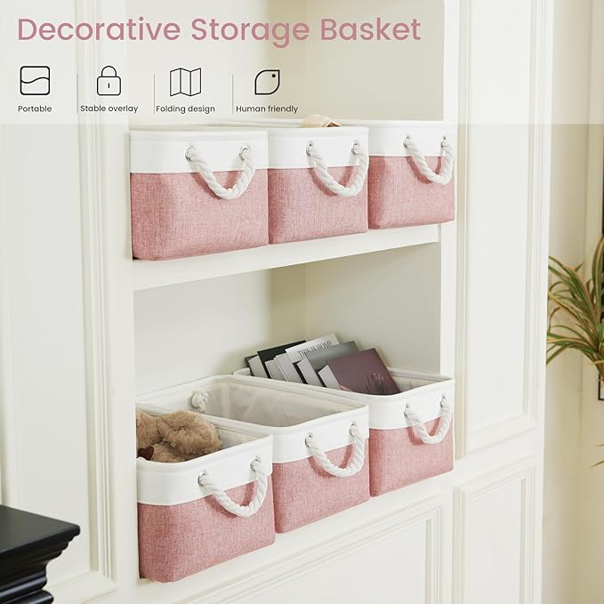 Storage Baskets for Shelves 13.8x9.8x6.7 Inch-Foldable Fabric Organizing Storage Bins with Handles, Closet & Bathroom Organizer, Home Storage for Kitchen, Office (3-Pack, White&Pink)