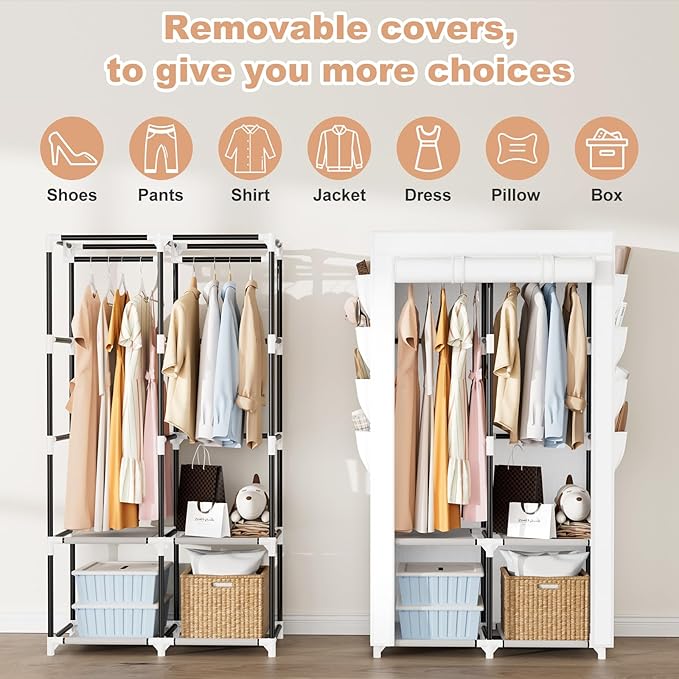 Portable Closet for Hanging Clothes, Portable Wardrobe Closet with Cover, 4 Storage Shelves, 2 Hanging Rods and 8 Side Pockets, Easy Assembly and Sturdy Free Standing Closet for Bedroom, White