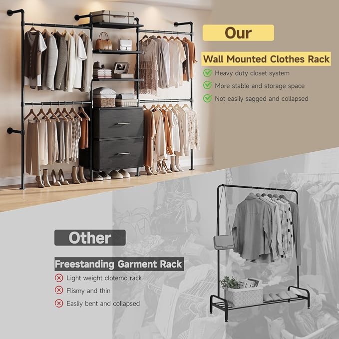 ONBRILL T2 Wall Mounted Industrial Pipe Clothing Rack, Closet Organizers and Storage System with 2 Drawers, 6 Wooden Shelves & 4 Expandable Rods, Heavy Duty Garment Rack, Wardrobe (Black))