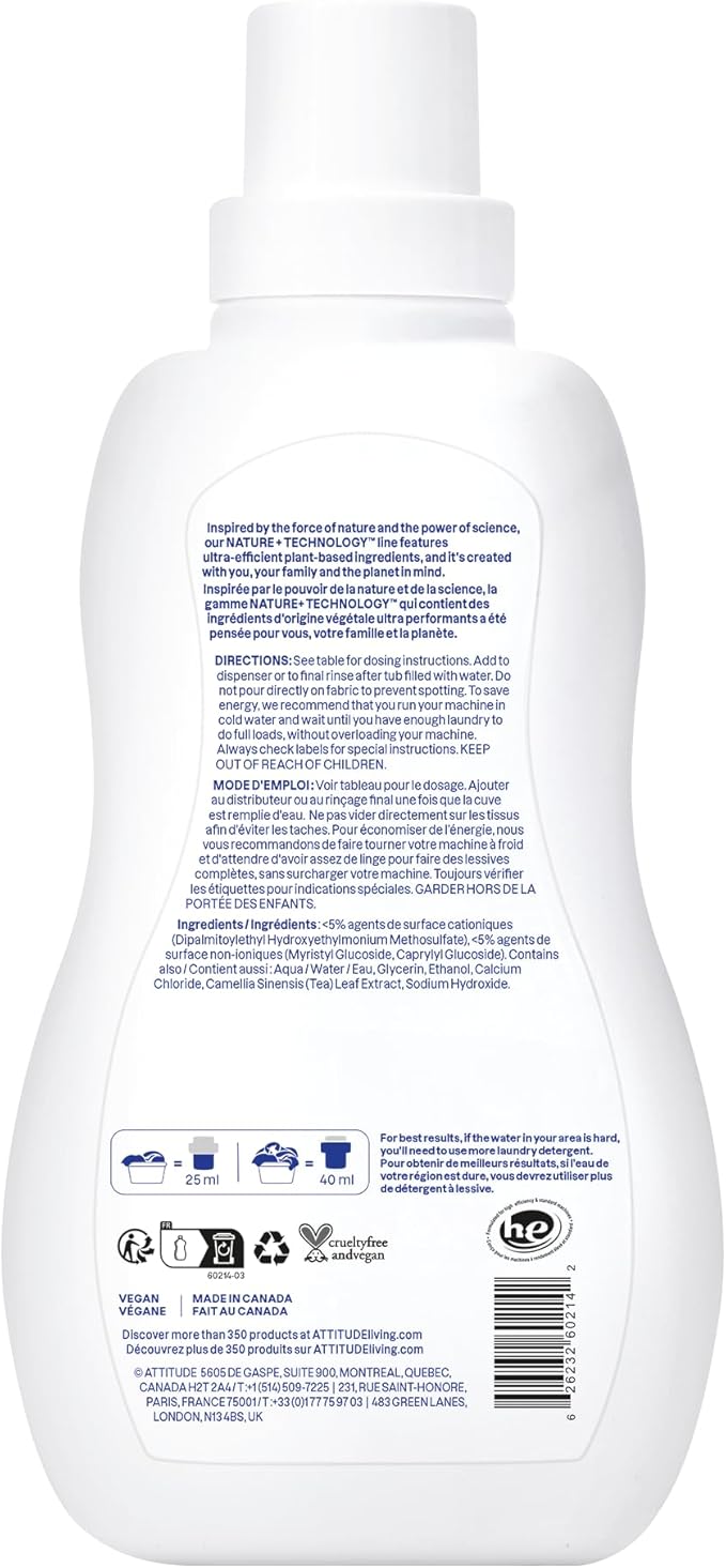 ATTITUDE Liquid Fabric Softener, Plant-Based & Vegan, HE Compatible, Naturally Derived, Unscented, 40 Loads, 33.8 Fl Oz (Pack of 6)