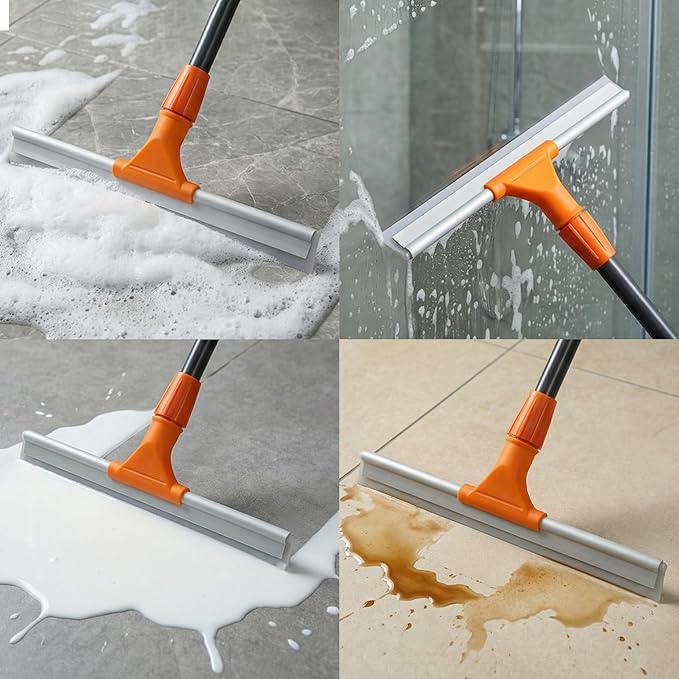 Silicone Floor Squeegee for Shower Glass, Floor, and Garage - Heavy-Duty Pet Hair Remover, Bathroom Tile Cleaner, Window Wiper - Flexible, No Streaks, Compact Storage