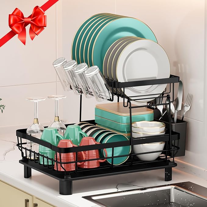 MOUKABAL Dish Drying Rack, Dish Rack, Stainless Steel Dish Racks for Kitchen Counter, Dish Drainer with Removable Utensil Holder, Drainboard (Black,2 Tier,13''W x 17''L)