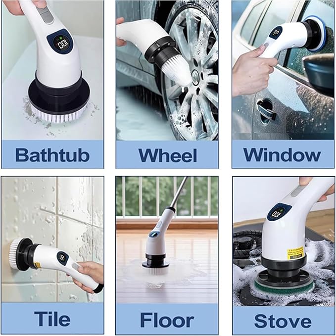 Electric Spin Scrubber for Cleaning, Adjustable Shower Brush with 7 Replaceable Heads & Power LED Display, 2 Speed Waterproof Cordless Shower Scrubber for Bathtub, Kitchen, Car, White