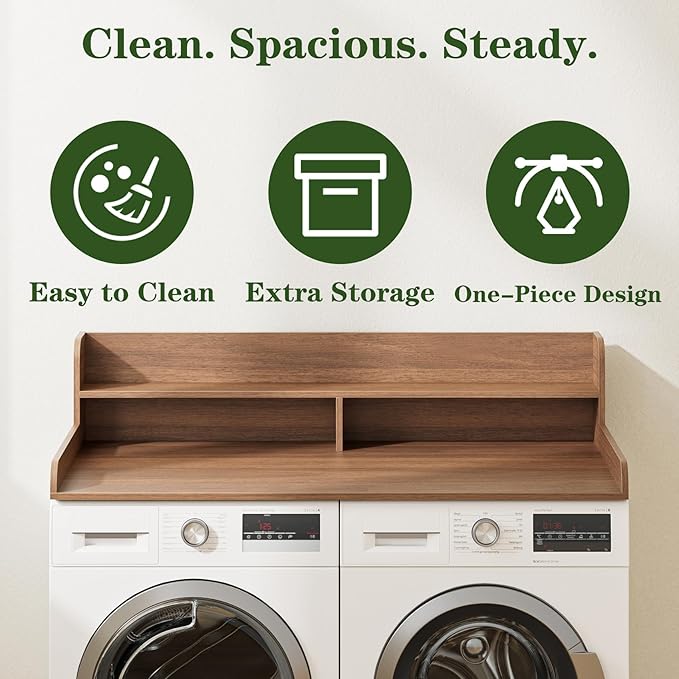 2-Tier Washer Dryer Countertop, Laundry Room Organization and Storage, 27.6" x 54" Wood Laundry Countertop for Washer and Dryer, Walnut
