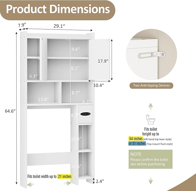 Meilocar Over the Toilet Storage Cabinet, Bathroom Over Toilet Storage Cabinet, Bathroom Storages Organizer Cabinets with Toilet Paper Holder and Adjustable Shelf, White
