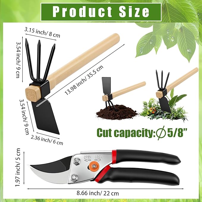 2 Pcs Garden Tools Hoe and Cultivator Garden Rake Bypass Pruning Shears 5/8-Inch Cut Capacity Clippers Gardening Scissors 2-In-1 Heavy Duty Gardening Hand Tools for Digging Weeding Cultivating