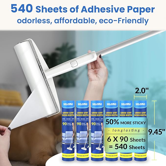 Large Lint Roller Refills: DELOMO 9.45 in Lint Roller Refill (6 Pack, 540 Sheets), Compatible Only with DELOMO Large Lint Roller, for Cleaning Floor, Carpets, Bedding, Couch, Cars, & Pet Hair
