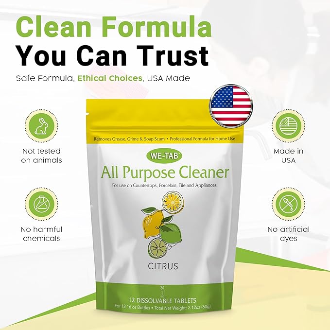 All Purpose Cleaner Concentrate Refill, Multi Surface Clean Refill, Non-toxic Cleaning Tablets 12-pack. Makes 192 fl oz (12x16Fl oz) Bottles of Spray Cleaner for Household, Bathroom & Kitchen Cleaning