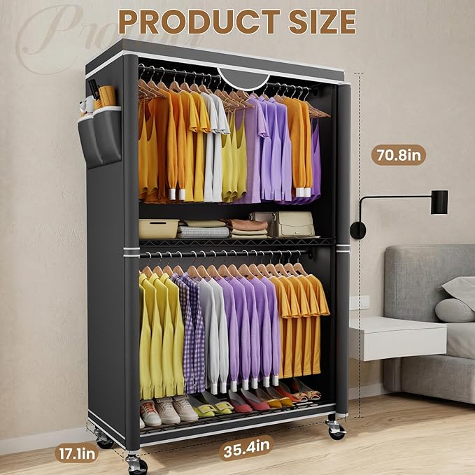 Clothes Rack With Cover, Heavy Duty Clothing Rack for Hanging Clothes, Rolling Garment Rack with Lockable Wheels, Metal Clothing Rack, Portable Closet 35.4"W x 17.1"D x 71.8"H, Hold 425 lbs, Black
