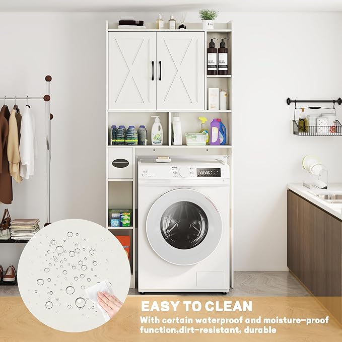 Over The Toilet Storage Cabinet, 32" W Over Toilet Bathroom Organizer with Toilet Paper Holder Stand, Home Space-Saving Toilet Rack for Bathroom, Restroom (2 Barn Doors+Open Shelf, White)