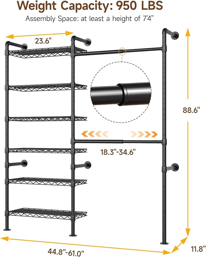 ONBRILL H2 Wall Mounted Clothing Rack, Expandable Industrial Pipe Clothes Rack Garment Racks for Hanging Clothes, Heavy Duty Closet Organizers and Storage in Closet System, Black