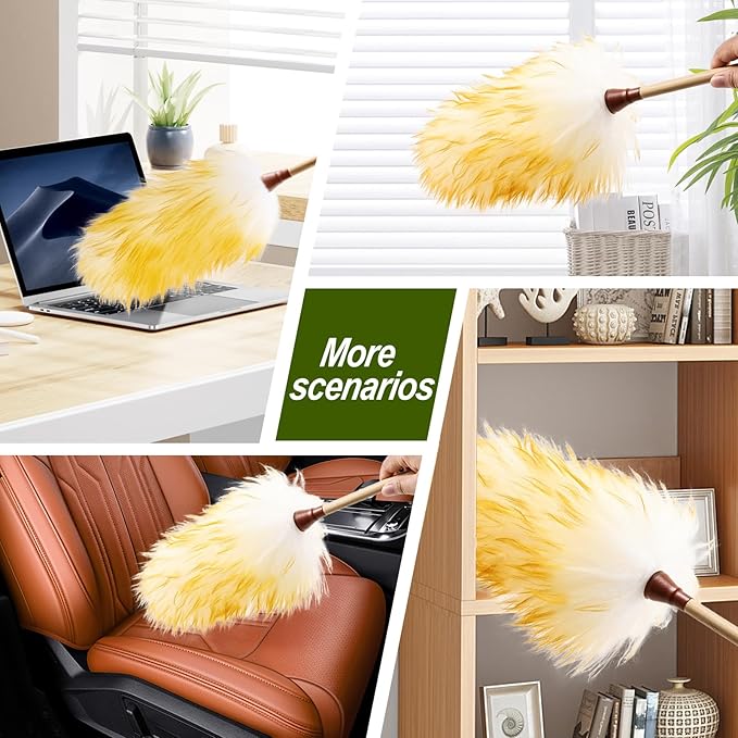 Natural Lambswool Duster 20 Inch Handheld with Wooden Handle Duster Dusting Tool for Blinds Electronics Furniture Delicate Surfaces (2Pcs)