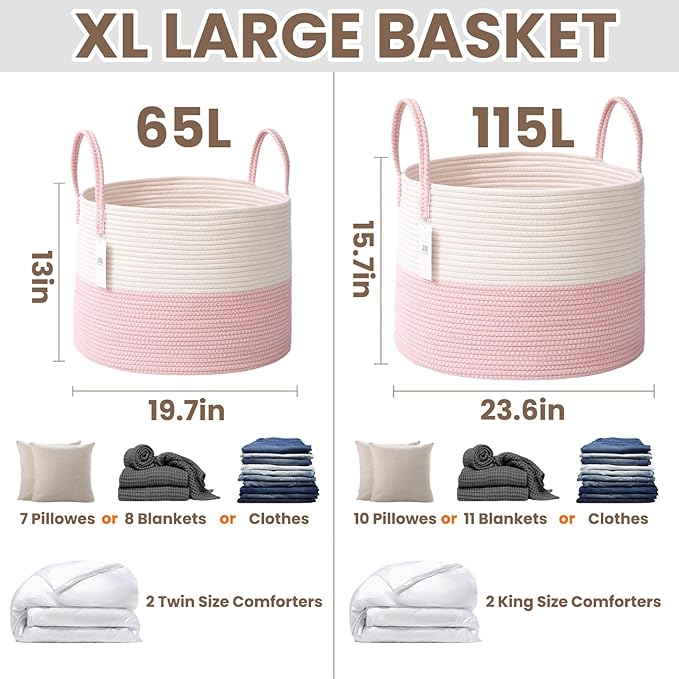 JMvicyroam 65L Extra Large Blanket Basket for Living Room - Woven Cotton Rope Laundry Hamper with Reinforced Handles - Storage Bin for Pillows, Comforters & Toys - Machine Washable,White&Pink