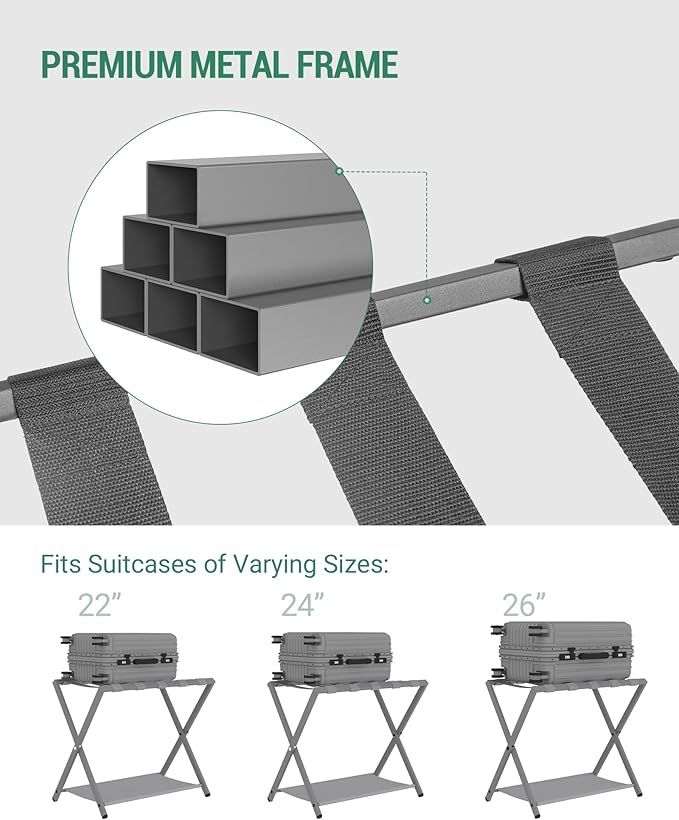 Hzuaneri Luggage Rack, Folding Suitcase Stand for Guest, Foldable, Luggage Holders with Shelf, Steel Frame with Nylon Straps for Bedroom, Hotel, Holds up to 154 lb, Grey,1 Pack LR03899G